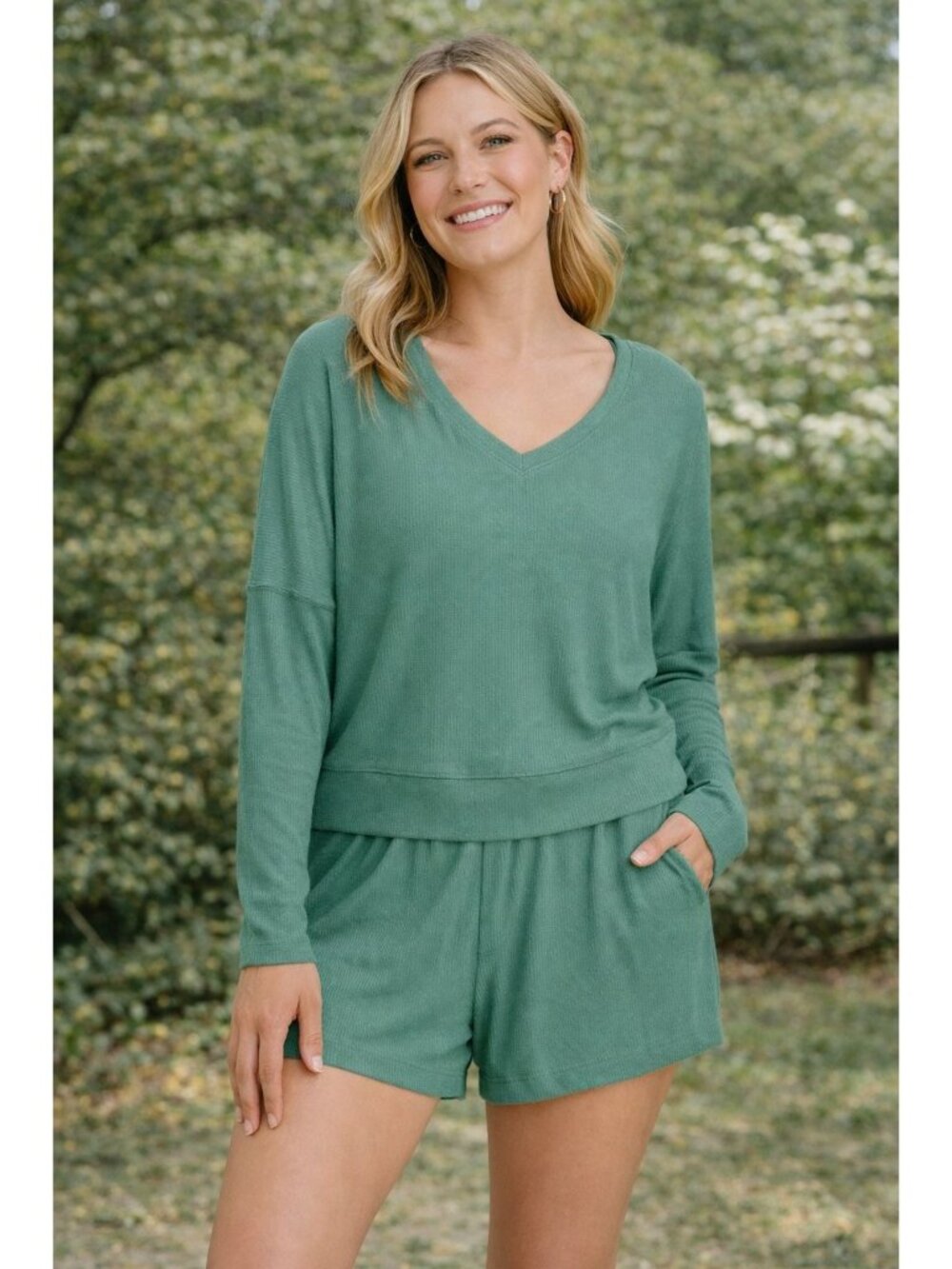 Auden size SMALL Cozy Ribbed Pullover Long-Sleeve Top Green V-neck Sleepwear